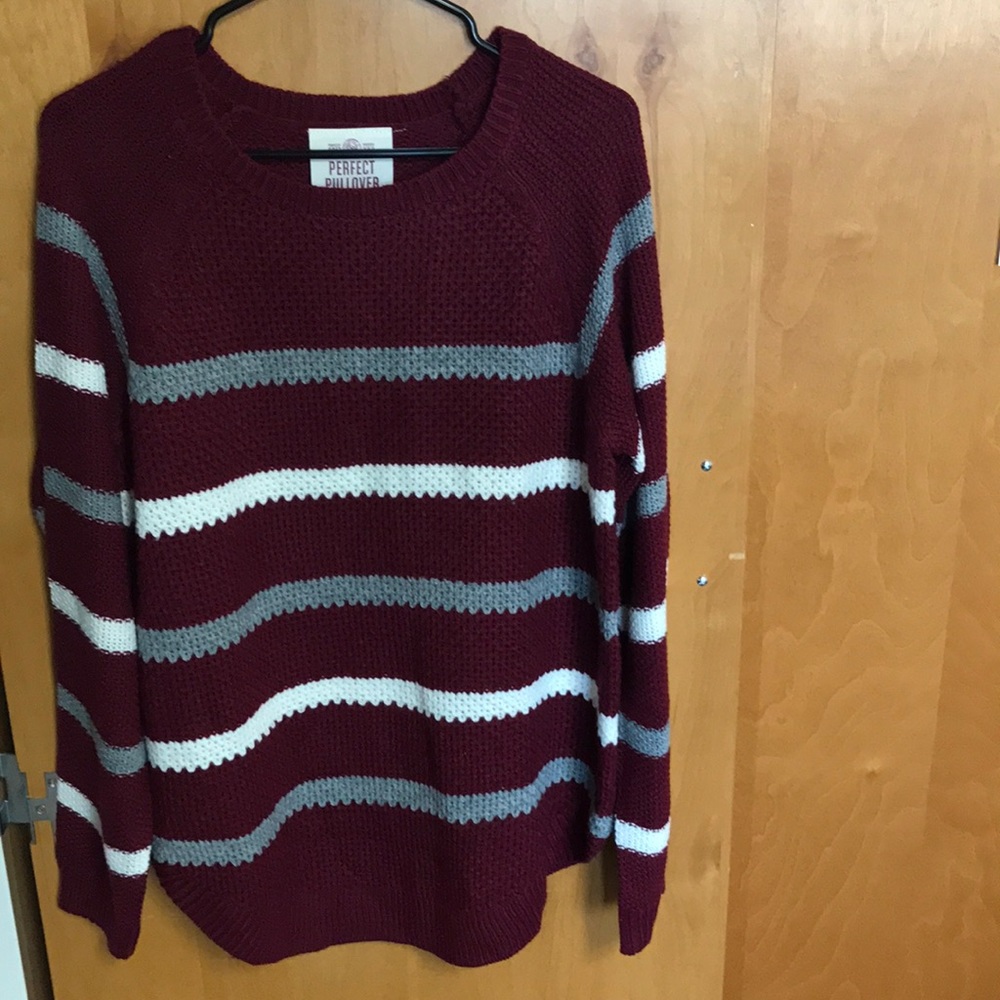 Red, grey, and white striped SO Sweater